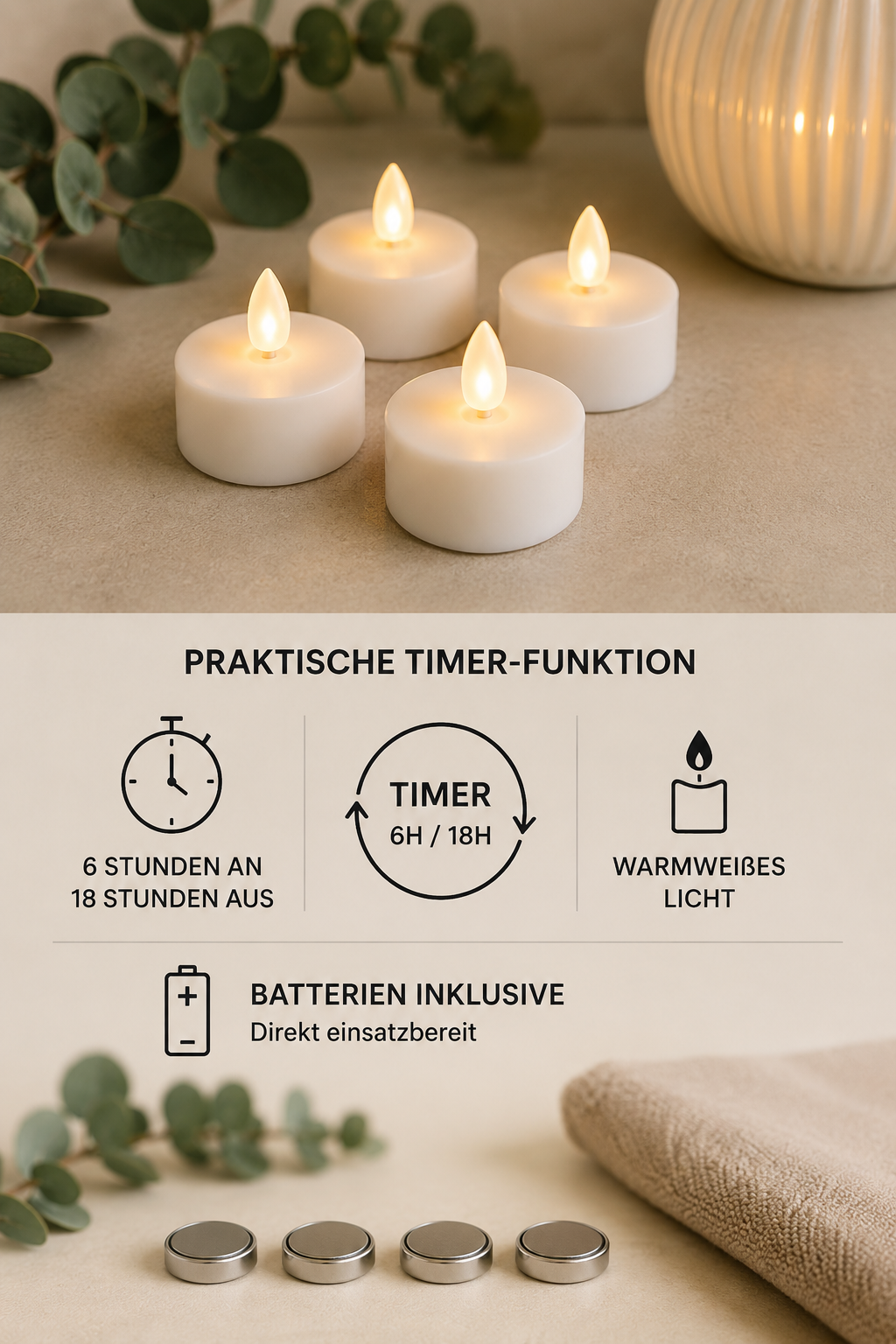 LED-Teelichter mit Timer – 4er-Set