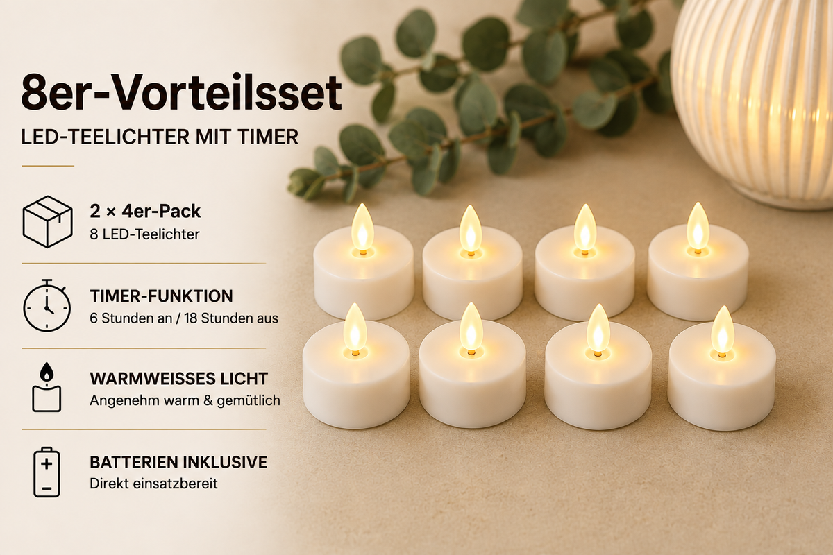 LED-Teelichter mit Timer – 8er-Vorteilsset