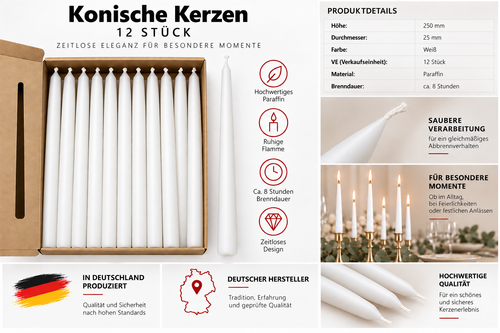 12er Set Stabkerzen Weiß – 25 cm – ca. 8 Std. Brenndauer
