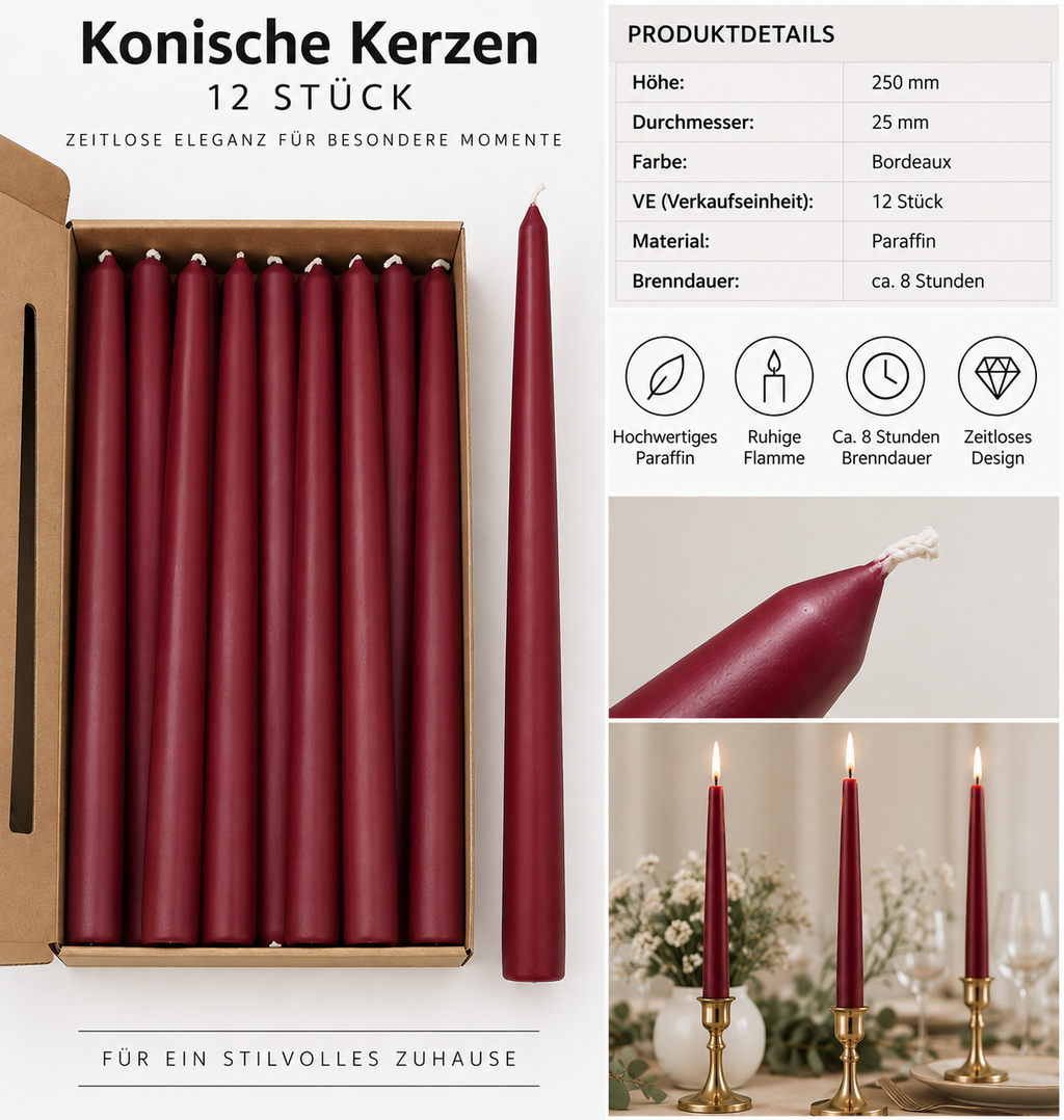 12er Set Stabkerzen Bordeaux – 25 cm – ca. 8 Std. Brenndauer