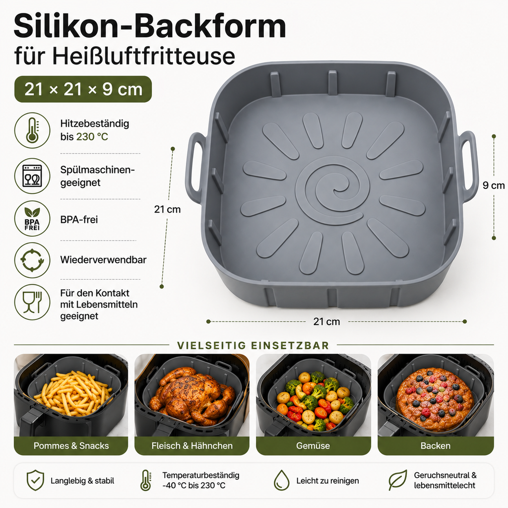 Backform für Heißluftfritteuse aus Silikon – 21 × 21 × 9 cm