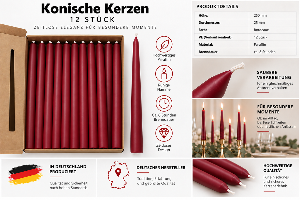 12er Set Stabkerzen Bordeaux – 25 cm – ca. 8 Std. Brenndauer