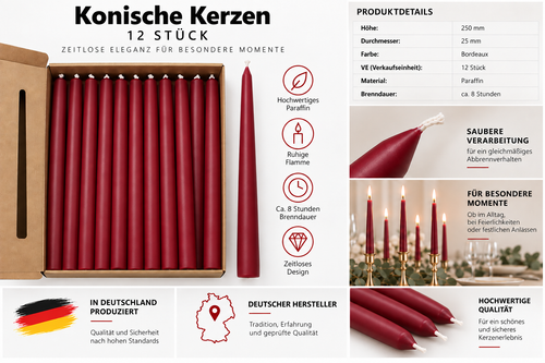 12er Set Stabkerzen Bordeaux – 25 cm – ca. 8 Std. Brenndauer