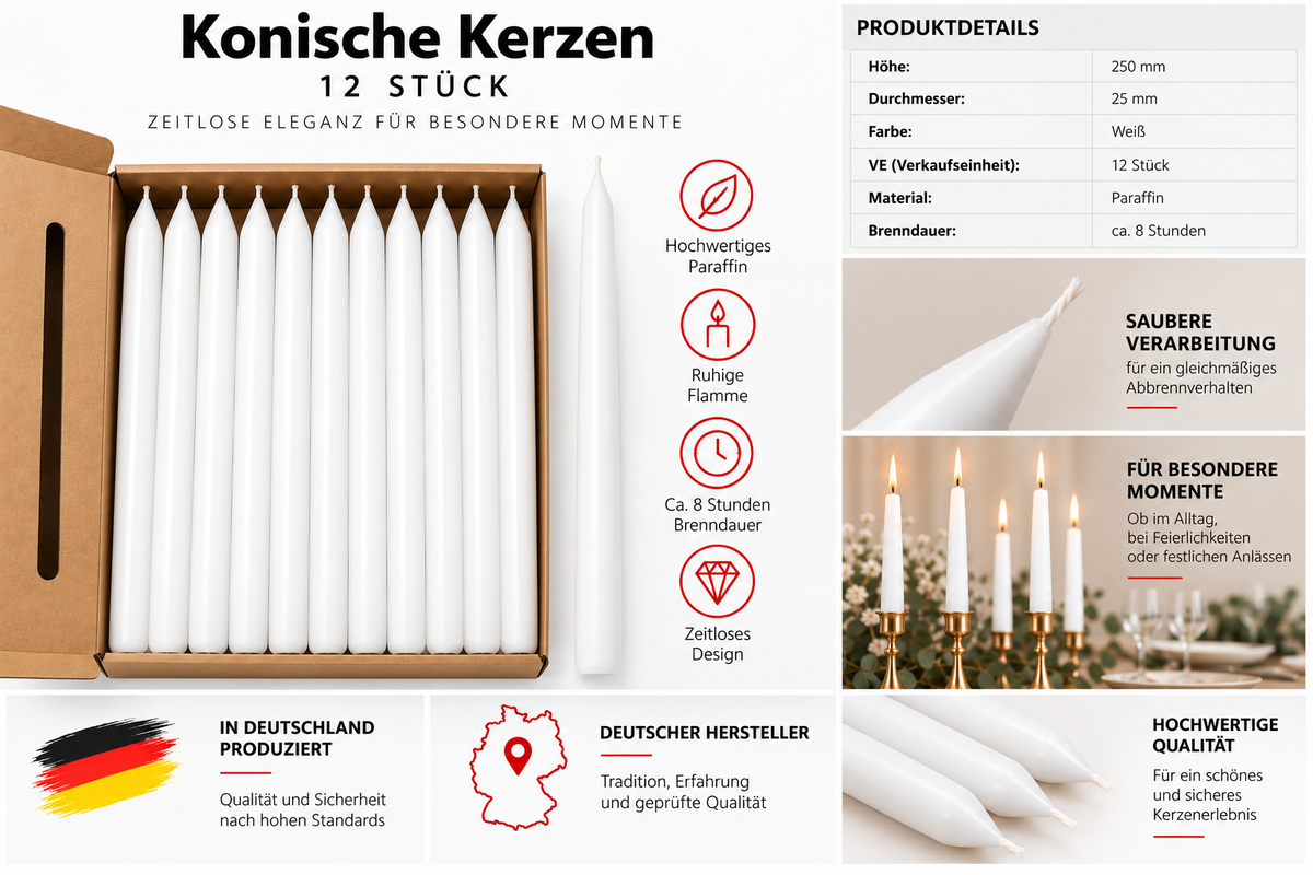 12er Set Stabkerzen Weiß – 25 cm – ca. 8 Std. Brenndauer